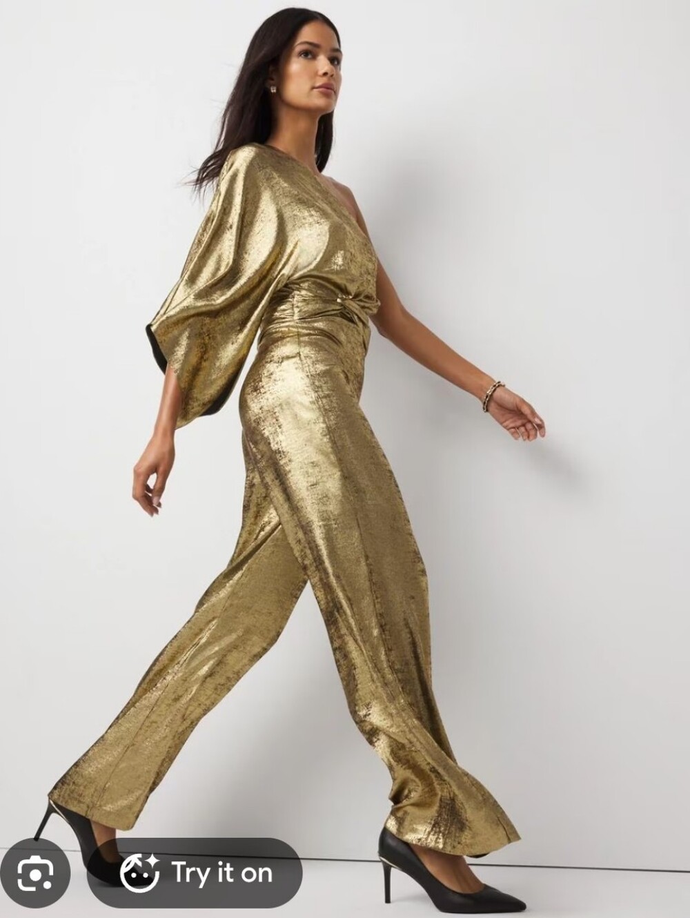 White House Black Market Metallic Gold One-Shoulder Wide-Leg Jumpsuit Size 6 New